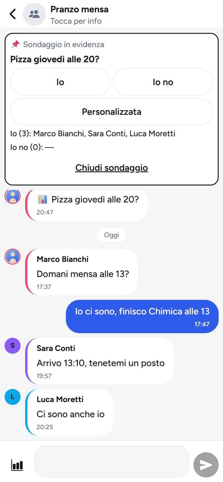 Chat del gruppo Pranzo mensa con un sondaggio fissato e i messaggi degli amici.